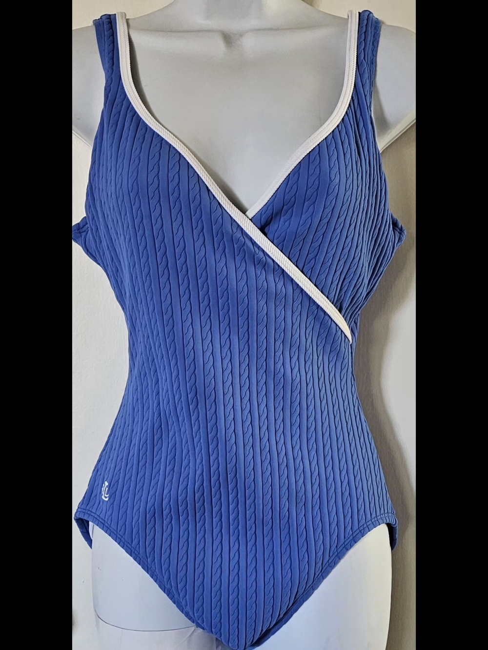 Vintage Lauren Ralph Lauren Cable Knit Swimsuit Blue Wrap Surplice One Piece M